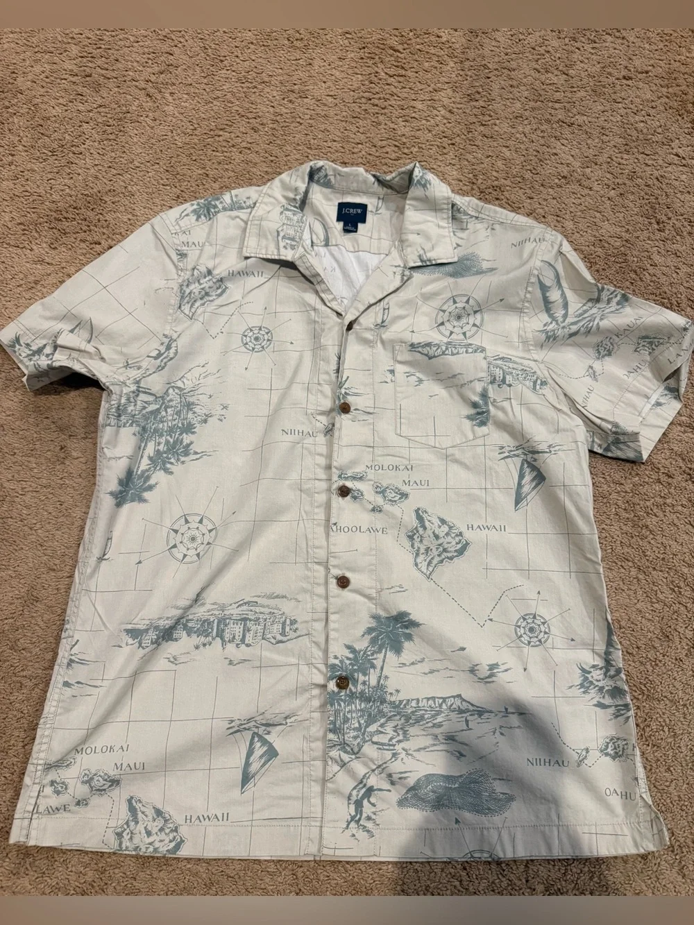 J. Crew Cream Short-Sleeve Hawaiian Map Print Camp Shirt